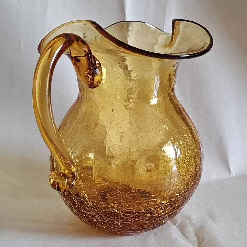 Rainbow Amber Crackle Glass Pitcher and Vase Set Ruffled‎ Rim Vintage Decor 6.5